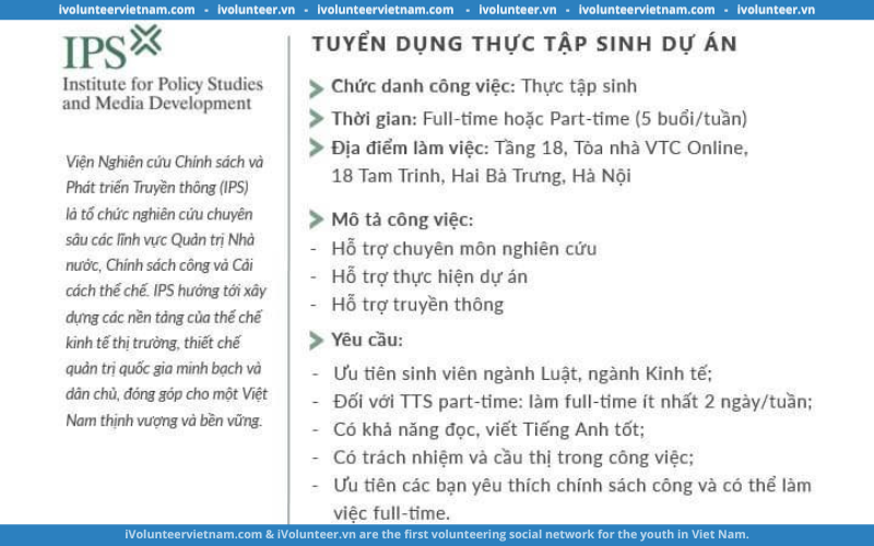 Viện Nghiên Cứu Chính Sách Và Phát Triển Truyền Thông (IPS) Chính Thức Mở Đơn Tuyển Thực Tập Sinh